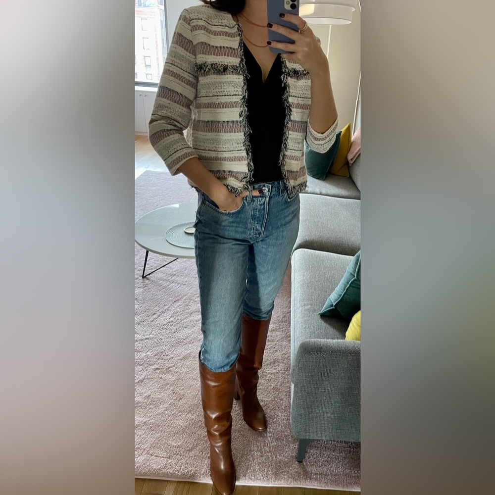 Cropped patterned blazer with fringe